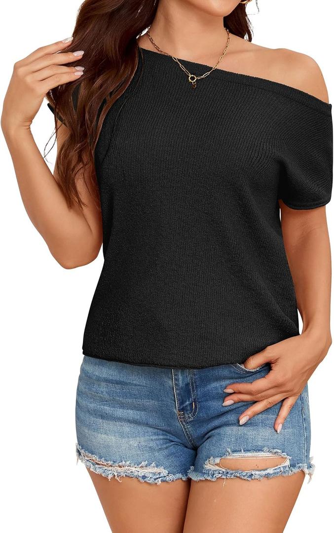 ZAFUL Off The Shoulder Tops for Women 2025 Summer Short Sleeve Knit Loose Fit Tunic Shirts Casual Lightweight Sweaters (Medium, 1-black)