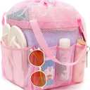 Fammart Mesh Shower Caddy Portable with Drawstring, Dorm Room Essentials for College Girls Guys, 8-Pocket Extra Large Shower Bag Basket Tote for Camping Beach Gym Travel Toiletry Bathroom (Extra Large, Drawstring Closure - Pink)