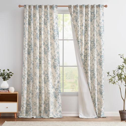 jinchan Lined Linen Blend Curtain Floral Curtains for Living Room 108 Inches Long Blue Peony Flower Printed Curtain Rod Pocket Back Tab Farmhouse Patterned Drapes Bedroom Window Curtains Set 2 Panels
