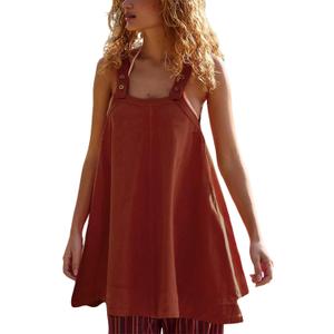 Yeokou Women Mini Dress Sleeveless A-Line Adjustable Button Straps Scoop Neck Cropped Loose Slip Dress with Pockets(Rust-XS)