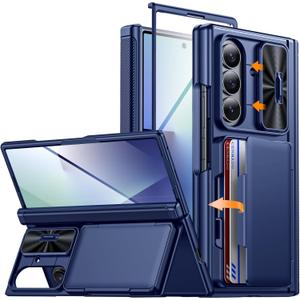 CENMASO for Samsung Galaxy Z Fold 7 Case with Card Holder [RFID Blocking] Camera Cover, Hinge Protection, Hidden Kickstand, Screen Protector, Slim Shockproof Phone Case for Galaxy Z Fold 7-Blue