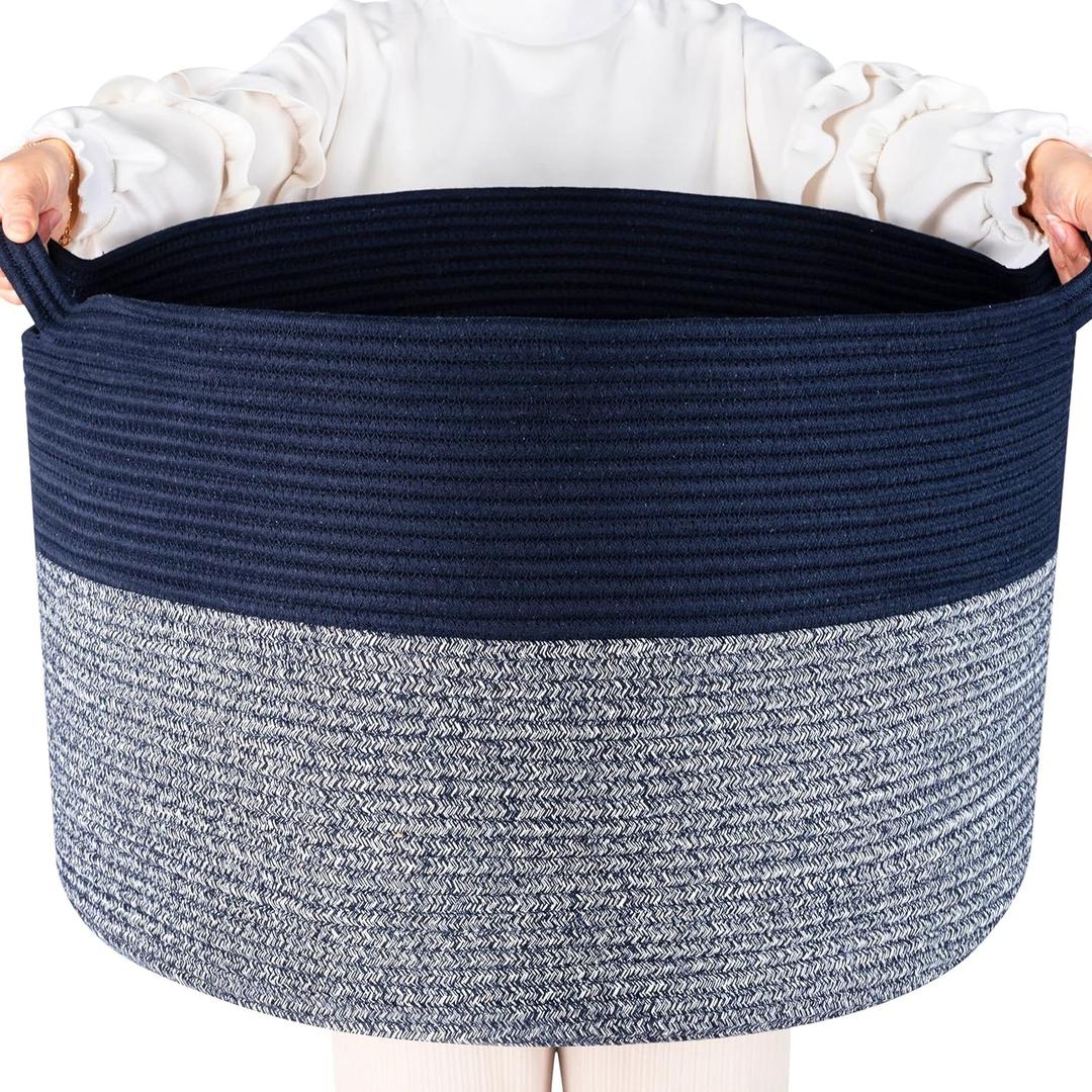 MINTWOOD Design Extra Large 22 x 14 Inches Decorative Woven Cotton Rope Blanket Storage Basket Bin Living Room with Handles and Laundry Hamper for Pillows, Pool Towels, Dog Toys, Shoes, Navy Blue