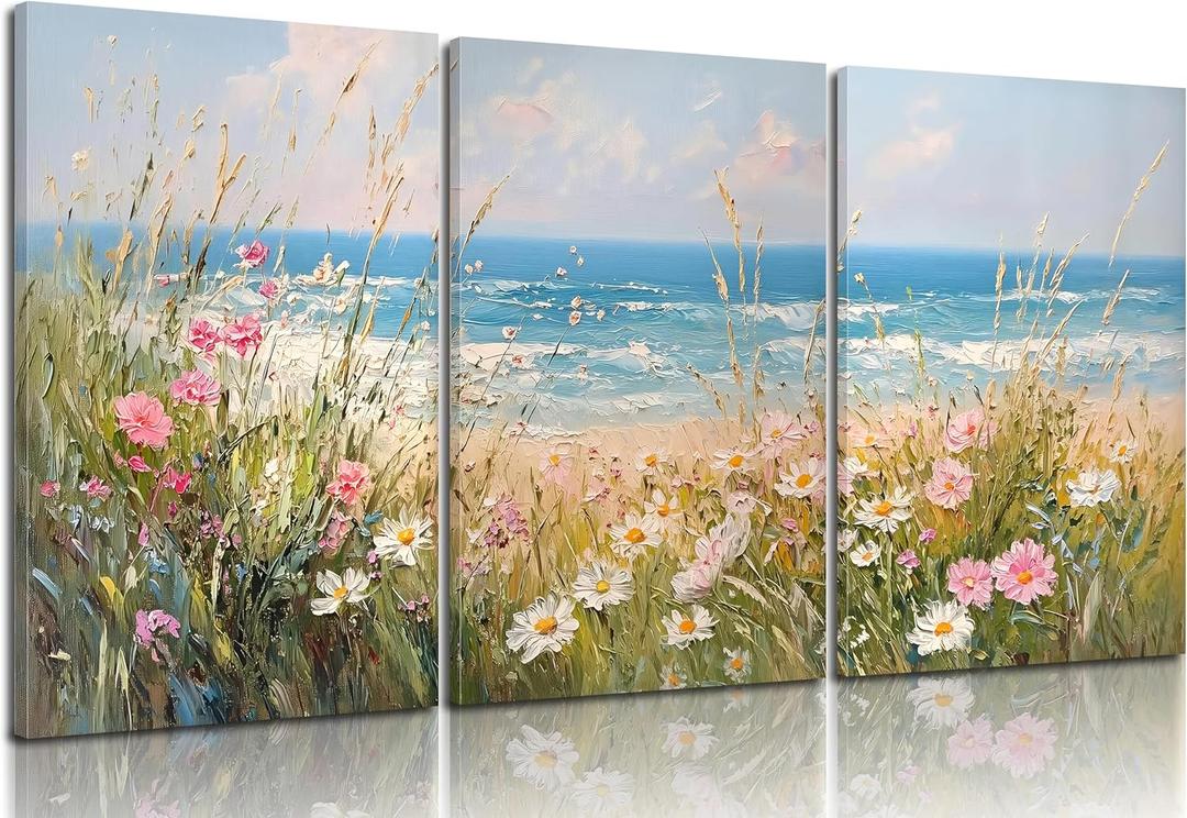 Coastal Wildflowers Wall Art Blue Ocean Landscape Wall Decor Flower Seascape Summer Painting Picture Beach Daisy Floral Poster Prints Artwork for Living Room Bedroom Home Decoratio Unframed, 24L"x16W"