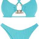 ZAFUL Women's Sexy Cutout Bikini Set High Cut Textured Metal Ring Cheeky Swimsuit Two Piece Bathing Suit M