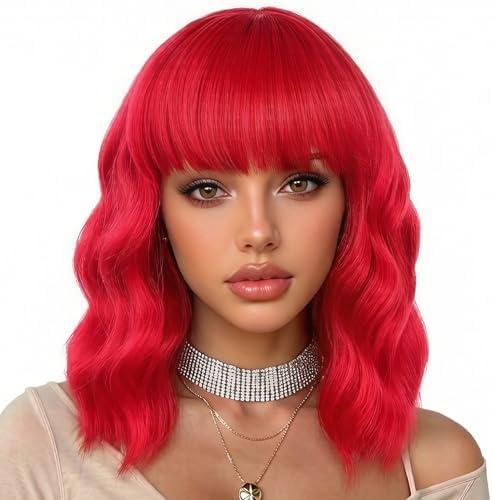 Enilecor Red and Pink Wig for Women,Short Curly Wavy Curly Bob Wig with Bangs,14" Natural Synthetic Colored Party Costume Cosplay Halloween Wigs