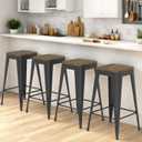 24 Inch Metal Bar Stools, Backless Industrial Bar Stool with Wood Seat, Stackable Counter Height Bar Stools Set of 4 for Kitchen Island, Restaurant, Bar (Black)