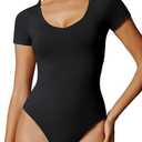 IUGA Bodysuits for Women Tummy Control Short Sleeve V Neck Body Suits for Womens Compression Slimming Thong Bodysuit, Size M