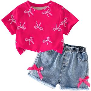 Azmxynol Kid Girls Clothes Outfits Bowknot T-Shirt + 2 In 1 Denim Short Skort Summer Clothing Set, Size 4-10 Years (White)