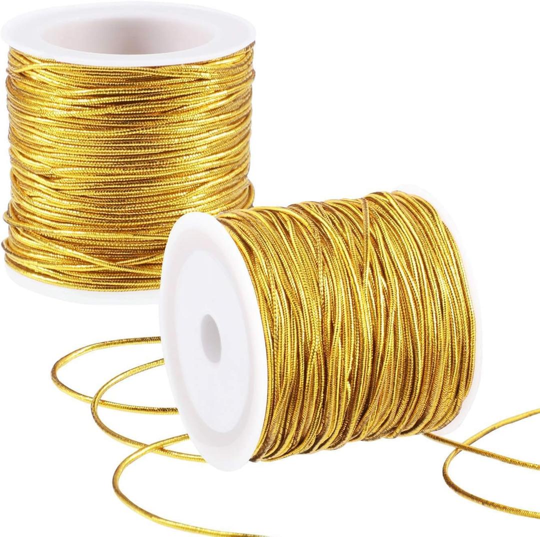 2 Rolls Gold Elastic Cord Gold Rope Gold Thread Elastic Ribbon Metallic Tinsel Cord Dreadlock Braiding Rope Stretch Cord for Ornament Hanging Craft Making Gift Wrapping,1 mm 60 Yards