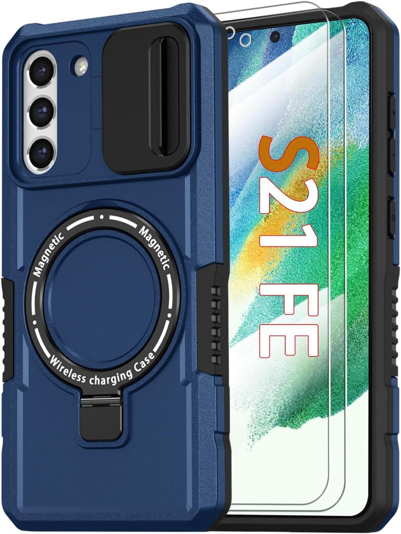 Magnetic Case for Samsung Galaxy S21 FE 5G, with Ring Stand, Glass Screen Protector, Compatible with MagSafe, Military Grade Case with Camera Cover, Shockproof Cover for Samsung S21 FE 6.4 inch, Blue