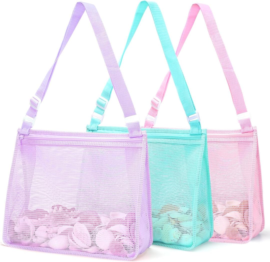 Tagitary Beach Toy Large Mesh Beach Bag with Zipper Sand Toy Seashell Bag for Holding Shells Pool Bag Swimming Accessories for Kids Teens(Only Bags,A Set of 3)