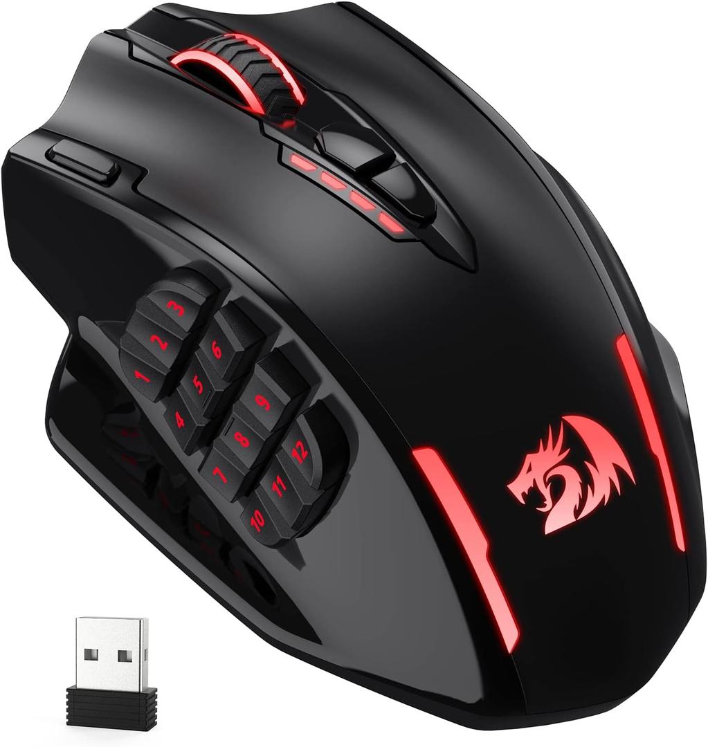 Redragon M913 Impact Elite Wireless Gaming Mouse, 16000 DPI Wired/Wireless RGB Mouse with 16 Programmable Buttons, 45 Hr Battery and Pro Optical Sensor, 12 Side Buttons MMO Mouse (Black)