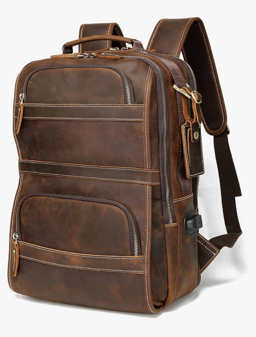 LANNSYNE Vintage Genuine Leather Backpack For Men 15.6 Inch Laptop Bag Overnight Weekender Camping Daypack Rucksack