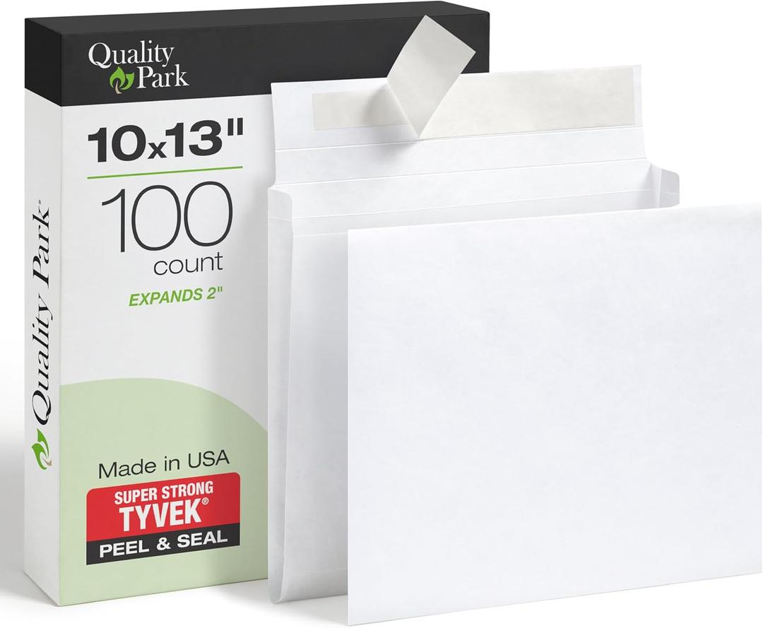 Quality Park Tyvek Envelopes, 100 Pack, Large 10 x 13 Mailers, 2 Inch Expansion, Rip, Puncture & Water Resistant Self Sealing Mailing Bags for Lightweight Shipping, White