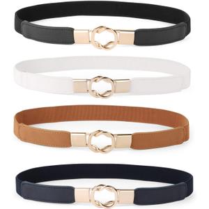 WERFORU Women Skinny Belt for Dresses Retro Stretch Waist Belt with Gold Buckle Set of 4
