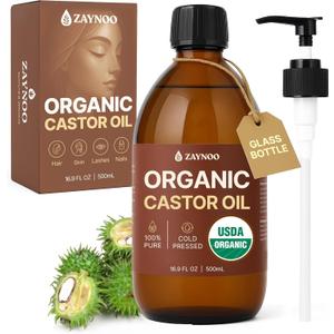 USDA Organic Castor Oil 16.9 fl oz/500 ml Cold Pressed, Hexane Free, Vegan, 100% Pure for Hair Growth, Face, Skin, Lashes, Brows, Body Massage, Aceite de Ricino in Glass Bottle with BPA-Free Pump