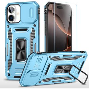 SunStory Phone Case for iPhone 16 Case with HD Screen Protector & Slide Camera Cover & Rotated Ring Kickstand, [Military-Grade] Phone Case for iPhone 16 6.1" (Z_NavyBlue)