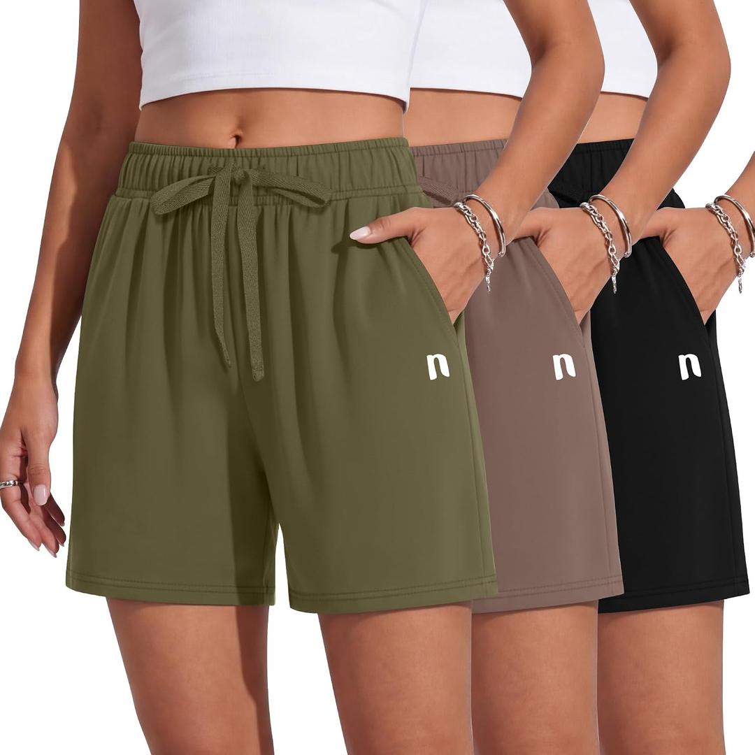 Neer 3 Pack Women's Sweat Shorts, Summer Drawstring Shorts with Pocket Loose Athletic Lounge Casual Running Bottoms(Black, Olive Green, Coffee,Medium)