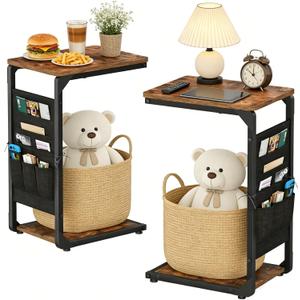 Wood Pedestal Couch End Tables Set of 2, TV Trays for Eating on Couch Tables that Slide Under, Dinner Snack Coffee Sofa C Shaped Side Table, Small Stand TV Tray for Couches Living Room, Brown ET-P-BR2