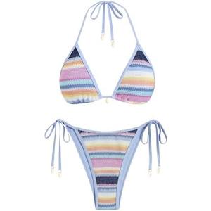 ZAFUL Women's Colorblock Stripes Triangle Halter Tied Cheeky Thong Bikini Set High Cut Two Piece Bathing Suit Size M