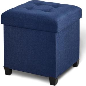 17.7" Ottoman with Storage, Square Storage Ottoman for Dorm, Linen Ottomans with Legs for Living Room, Bedroom, Blue, 17.7" X 17.7" X 19.9"