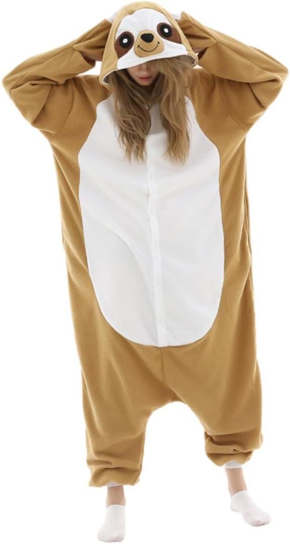 HANZEJINL Adult Onesie Pajamas Halloween Costume Christmas Party Cosplay One Piece Animal Sleepwear for Women and Men (SlothBrown, L)