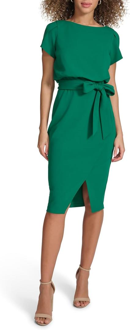 Kensie Womens Short Sleeve Tie Waist Midi Dress (8, Forest Green)