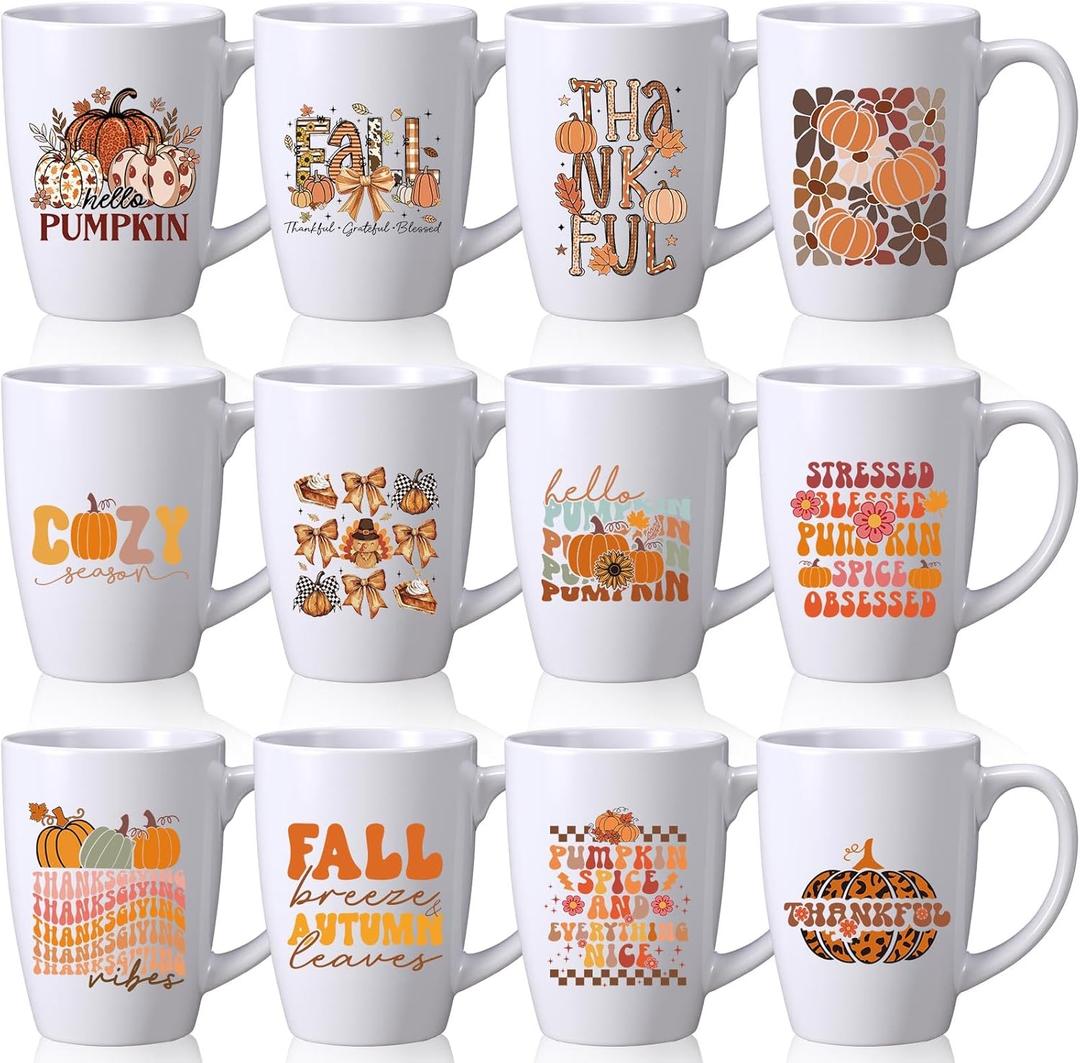 12 Pcs Fall Coffee Mugs Thanksgiving Gifts 12oz Ceramic Autumn Pumpkin Mugs Fall Party Decorations Supplies for Women Men Home Office Kitchen, No Dishwasher