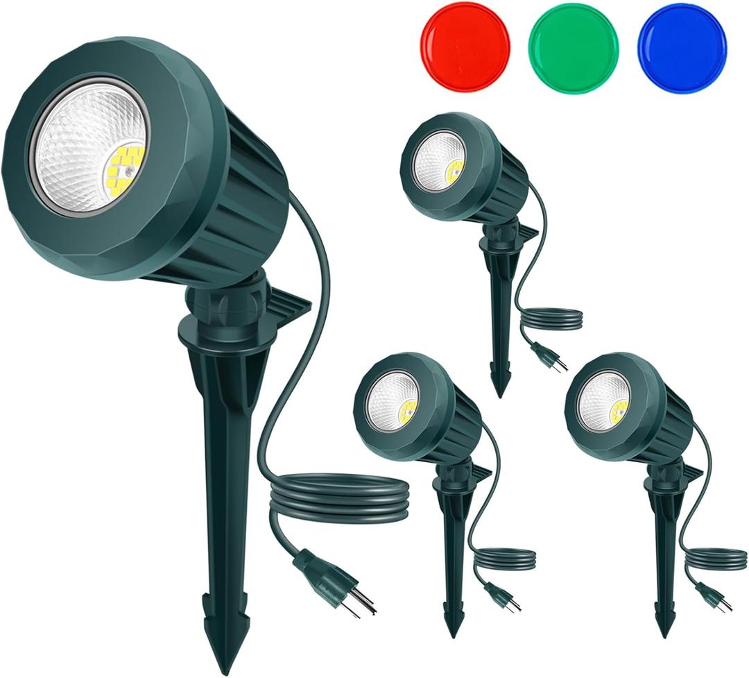 Spotlight Outdoor  120V Plug-in, 2700K Warm White LED Landscape Spot Lights with RGB 3 Lenses for Yard, Garden, Lawn&Tree Decor, IP67 Waterproof, Perfect for Holidays&Everyday (4 Pack, Green)