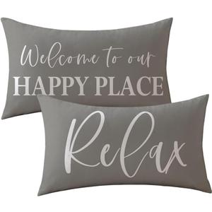 ULOVE LOVE YOURSELF Welcome to Our Happy Place Decorative Pillowcases 12x20Inch Home Relax Cushion Covers Modern Farmhouse Decor Cozy Lumbar Throw Pillow Cover 2Pack for Sofa Couch (Grey)