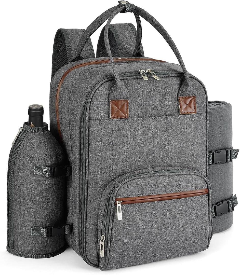 ALLCAMP Picnic Backpack - Insulated Cooler Bag with Compartment, Detachable Wine Glass Holder, Throw Blanket & Cutlery Set, 2 Person Picnic Set for Family Outings, Couple Gifts (Gray)