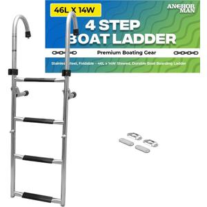 Stainless Steel Boat Ladder 4-Step - Anchor-Man Folding Telescoping Pontoon & Dock Ladder, 400 lb, 46 in Reach, 14 in Wide Non-Slip Steps