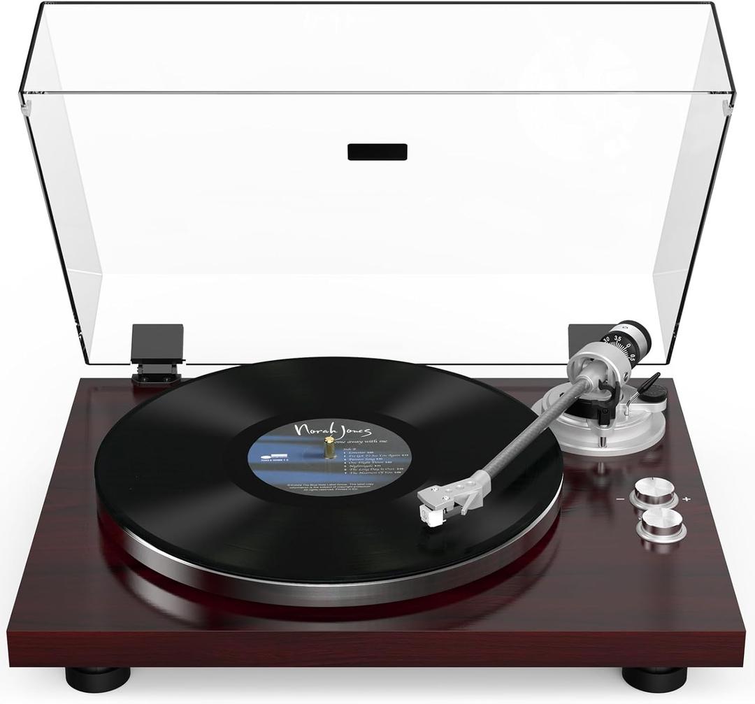 Record Player Turntable Wireless Output Vintage Vinyl Player Aluminium Platter Carbon Fiber Tonearm Belt-Drive 33 45 RPM Phono Audio AT-3600L MM Cartridge RCA Line Anti-Skate Pitch Control Walnut Red
