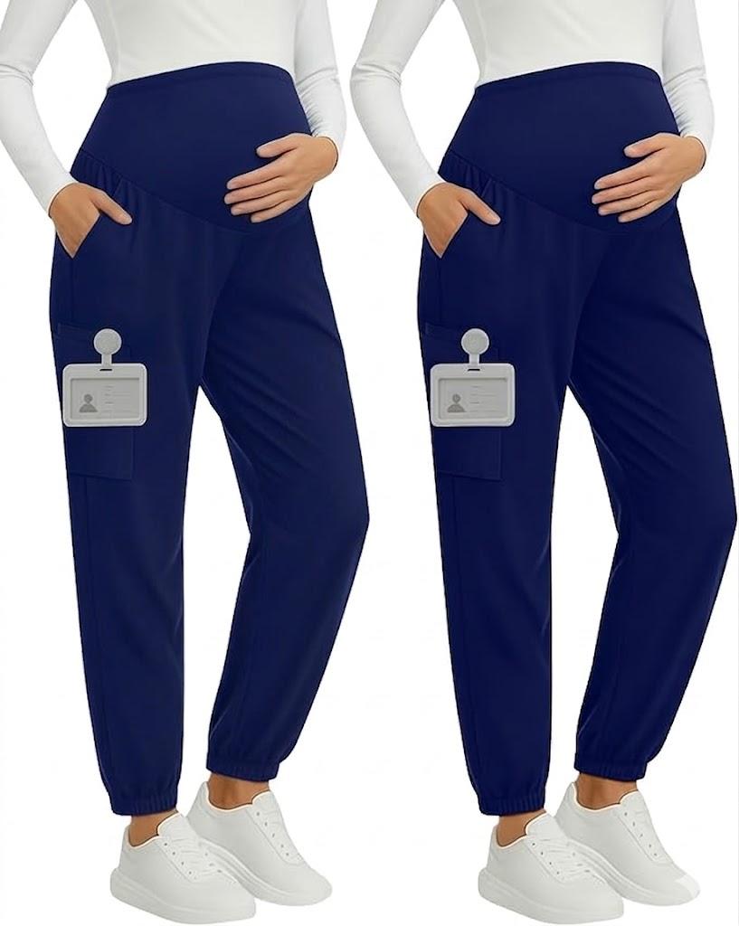 Yearntown 2 Pack Women's Maternity Scrub Pants, Workwear Pregnancy Jogger Pants Over Belly Yoga Sweatpants Zippered Pockets XXL