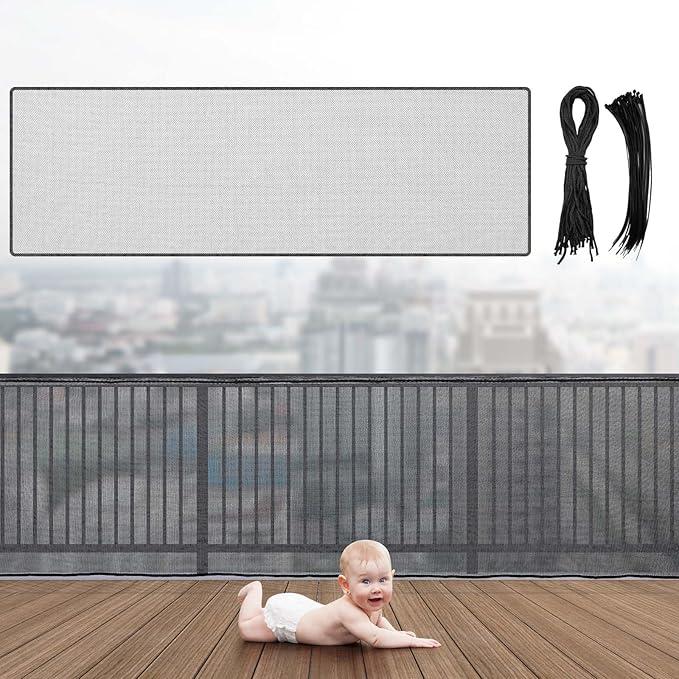 Hosuly Banister Guard 18 x 3 ft Balcony Netting for Kids Pets Stairway Safety Net Baby Fence Door Balcony Netting Safety Mesh Stair Net with No Drilling for Apartment Railing(Black)