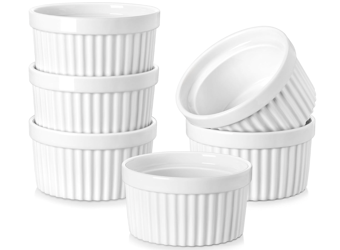 MALACASA Ramekins 8 oz Oven Safe, Porcelain Creme Brulee Ramekins Pudding Custard Cups Ceramic Souffle Dishes Ramakan Ramiken Ramicans Baking Bowls Set of 6, White, Series RAMEKINDISH