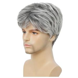 Grey Short Wigs for Men Natural Layered Synthetic Hair Cosplay Halloween Costume Wigs for Male Guy