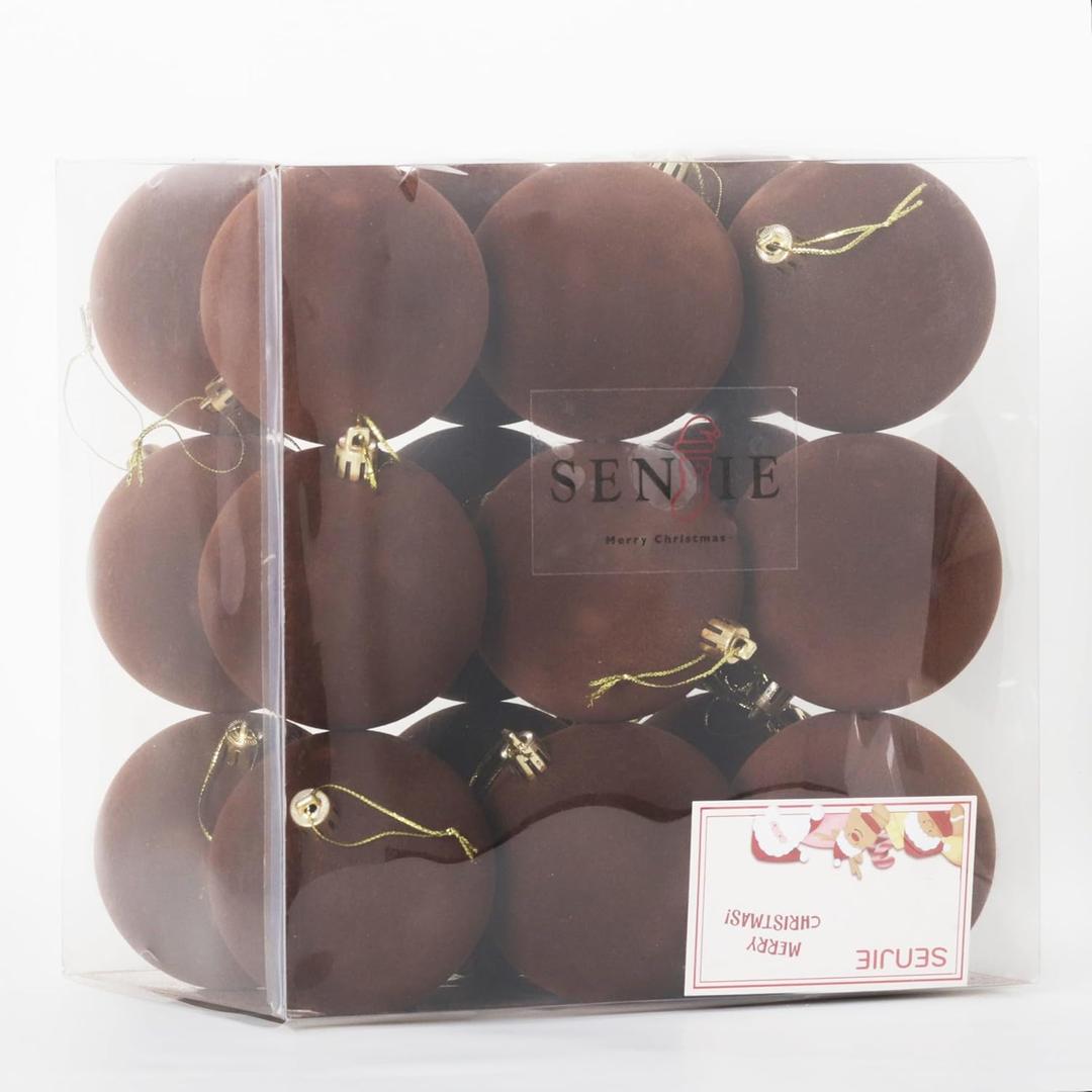 Senjie 18pcs Velvet Ornaments Balls for Christmas Tree, Brown 3.15 inch Shatterproof Flocked Christmas Ornaments Sets Decor for Xmas 2025