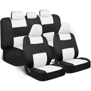 BDK PolyPro Car Seat Covers Full Set in White on Black, Front and Rear Split Bench Seat Covers for Cars, Easy to Install Car Seats Cover Set and Accessories for Auto Trucks Van SUV - White