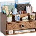 Brown Wood Desk Organizer and Accessories with Drawer, Bill Mail Organizer and File Mail Holder for Office Supplies, Desk Accessories & Workspace Organizers