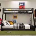 Bunk Bed Full XL Over Queen for Adults,Heavy Duty Metal Bunk Bed Frame with Guardrail and Ladder, No Box Spring Needed, Black
