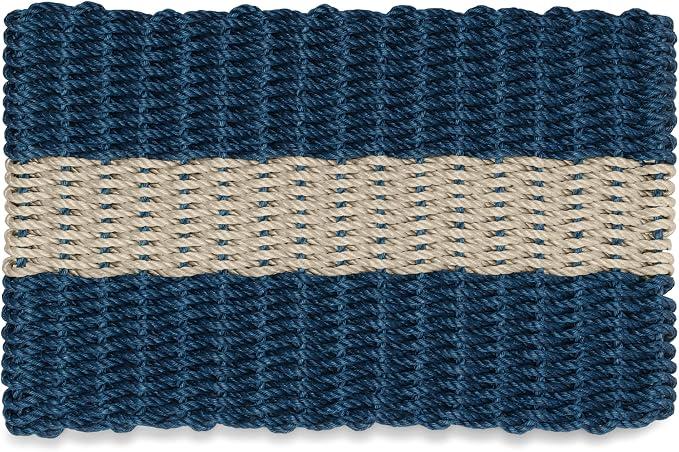 Outdoor Door Mat, The Original Lobster Rope Doormat, All Weather Mats, Woven Door Mat from Nautical Rope, Front Door Welcome Mats, (Navy with Dark Tan Stripe, 18 x 30)