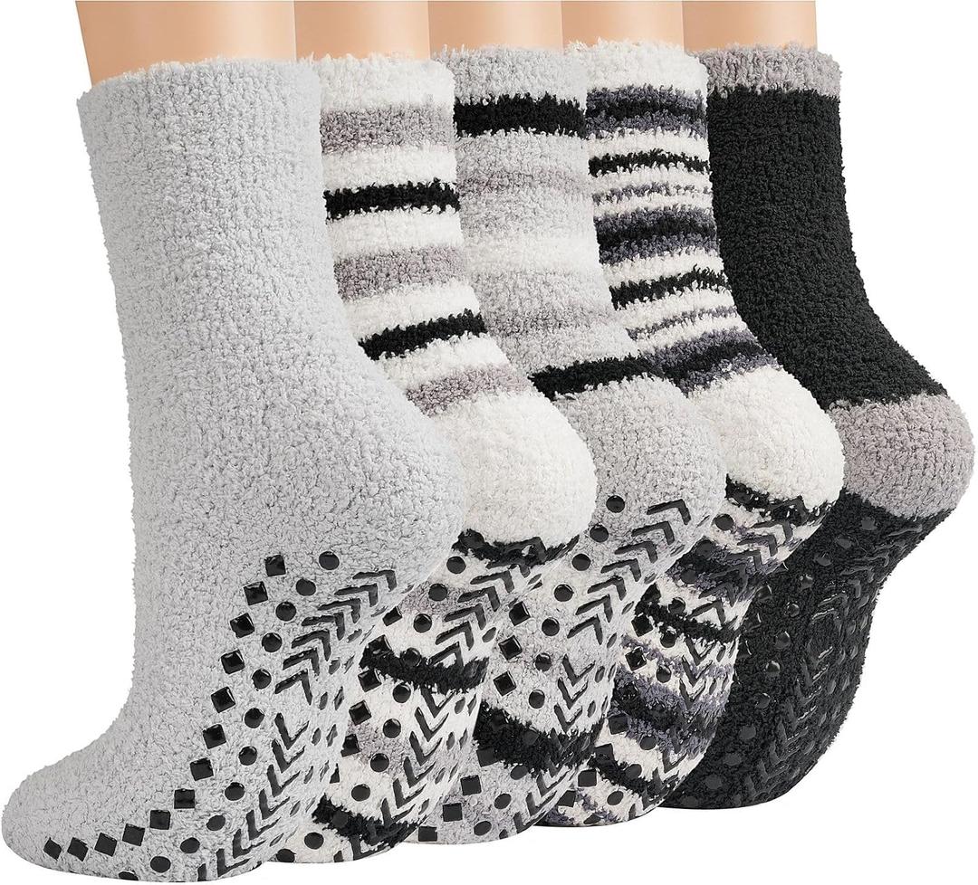 Toes Home Fuzzy Socks Men with Grips, Winter Fluffy Slipper Socks Hospital Cozy Warm Non-slip Thick 5 Pairs