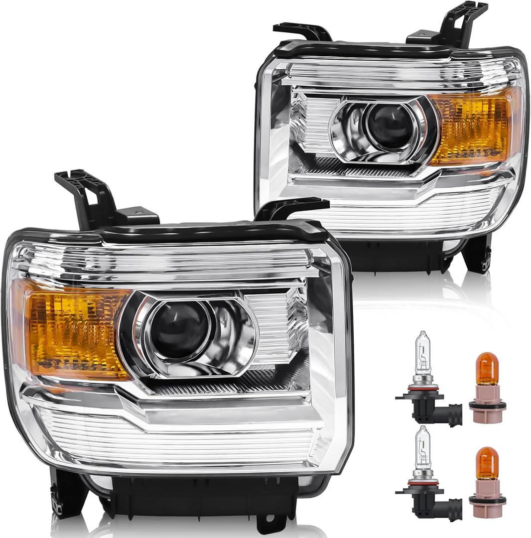Headlight Assembly Compatible with GMC Sierra 2014-2018 1500 | 2015-2019 2500HD/3500HD Base/Denali/SLE/SLT, Halogen Headlamp Replacement W/O LED DRL, With Bulbs, Chrome Housing Amber Reflector