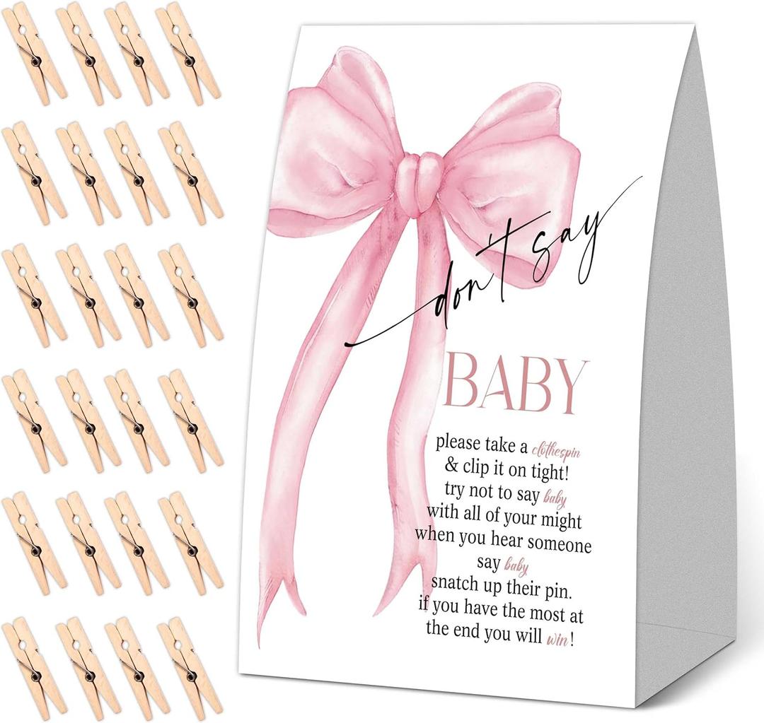Don't Say Baby Baby Shower Game, Gender Reveal Games for Parents, 1 Sign and 50 Mini Wooden Clothespins, Pink Bow Theme Baby Shower Decorations, Gender Reveal Party Supplies