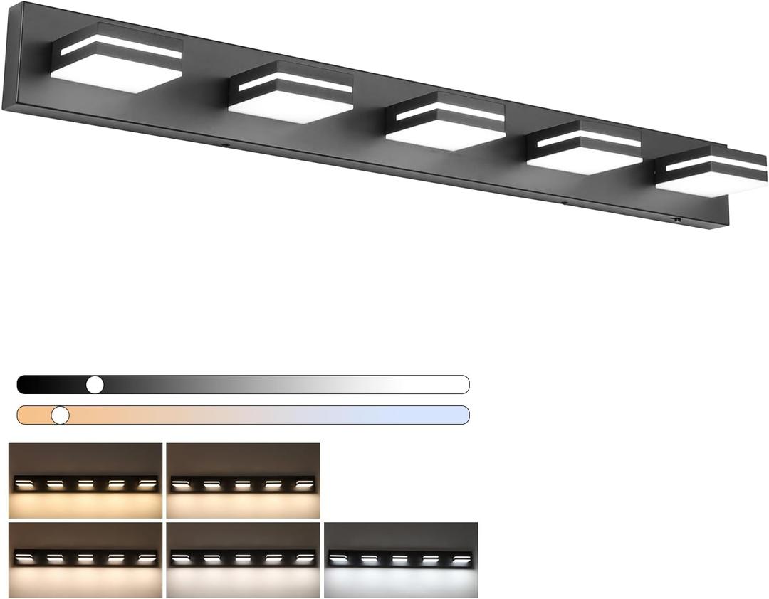 SineRise LED Modern Bathroom Vanity Light Fixtures (5-Light, 40-Inch)(5CCT, Dimmable), Matte Black Modern Acrylic Bathroom Wall Lighting Fixtures Over Mirror (3000K/3500K/4000K/5000K/6000K)