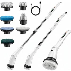 Cordless Electric Spin Scrubber with Extendable Long Handle | 3 Speed Modes, LED Light, 7 Replaceable Brush Heads, Works for Bathroom, Tub, Floor, Tile, Grout Cleaning