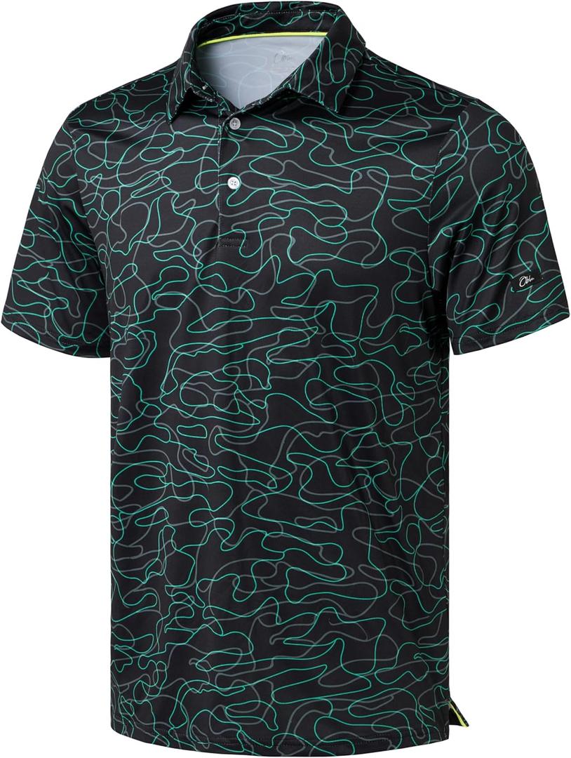 Obla Mens Golf Polo Shirts Short Sleeve Dry Fit Performance Moisture Wicking Casual Print Collared Golf Shirts for Men (Black) 4XL