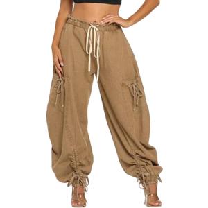 Famnbro Womens Barrel Jeans Baggy Cargo Jogger Y2k Drawstring Bow Jeans Sweatpants Wide Leg Denim Pants (Small, Khaki)