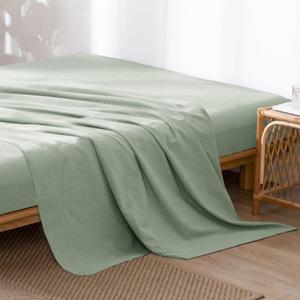 MooMee Flat Top Sheet Only 100% Washed Cotton Linen Like Textured Breathable Durable Soft Comfy (Sage Green, Queen)
